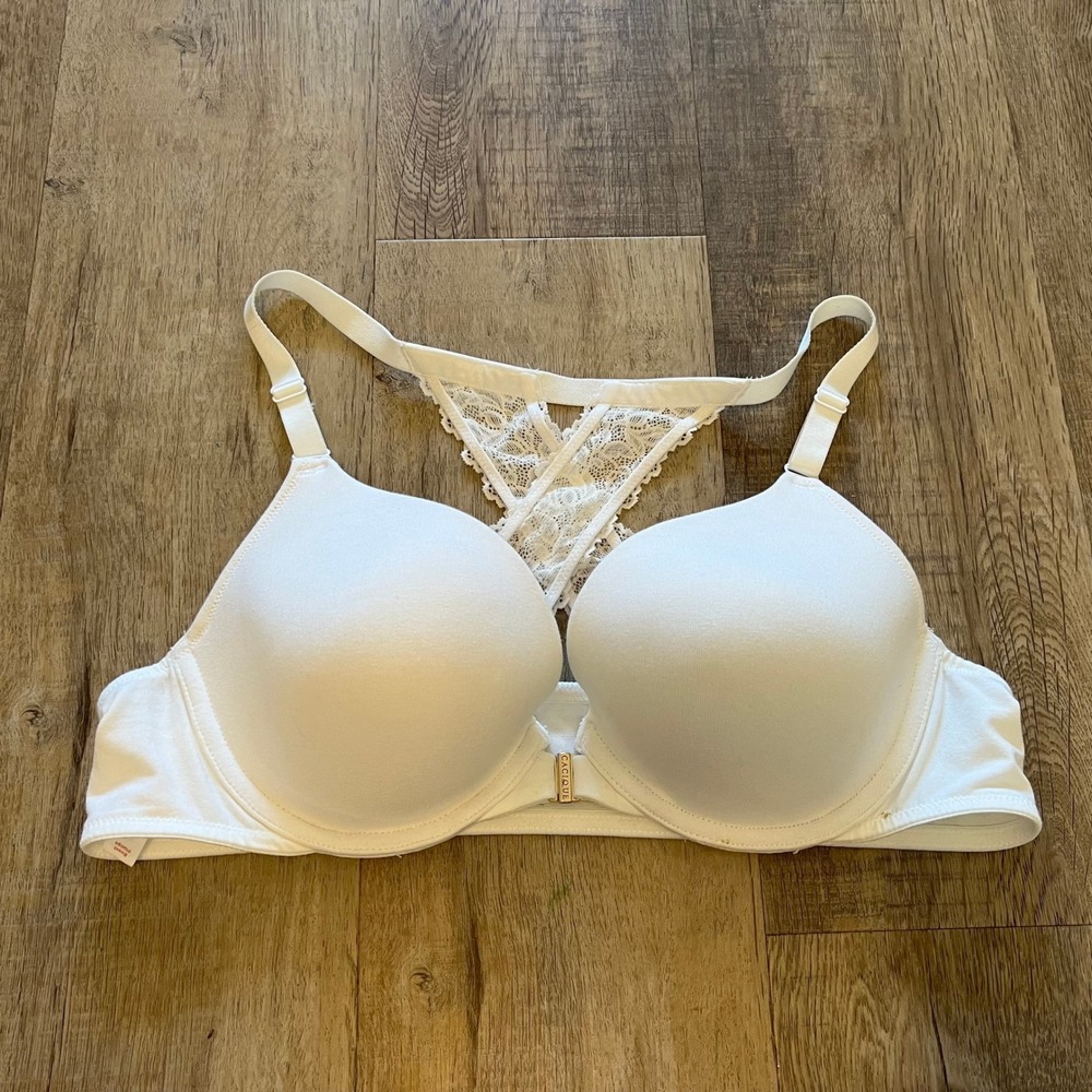Cacique White Boost Plunge Front Closure Lace Racerback Bra 42B